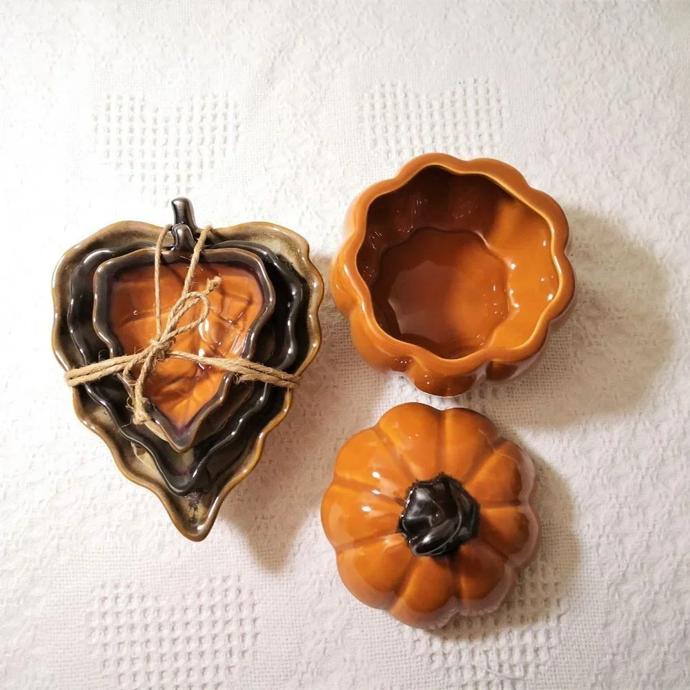 Cindy Crawford Pumpkin Jar and Leaf‎ Shaped Stackable Nesting Trinket Dishes